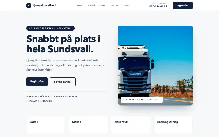 Exempel: Ljungsätra Åkeris hemsida med ljus profil och en lastbil på väg, Sundsvall